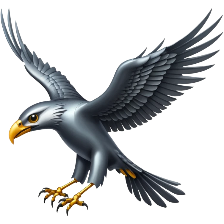Emoji-style icon of a large metallic predatory bird flying, sharp wings, steel texture, dramatic pose, dark background emoji
