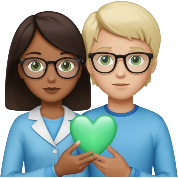 la chica es piel morena clara con pelo oscuro, el chico es de test blanca con gafas y pelo rubio ojos verdes y el corazon debe ser azul celeste emoji