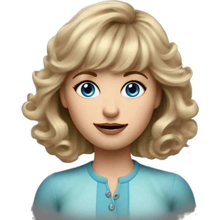 Medium length Dirty blonde voluminous hair with bangs all across forehead and sides swept away from face woman of 60 with blue eyes  emoji