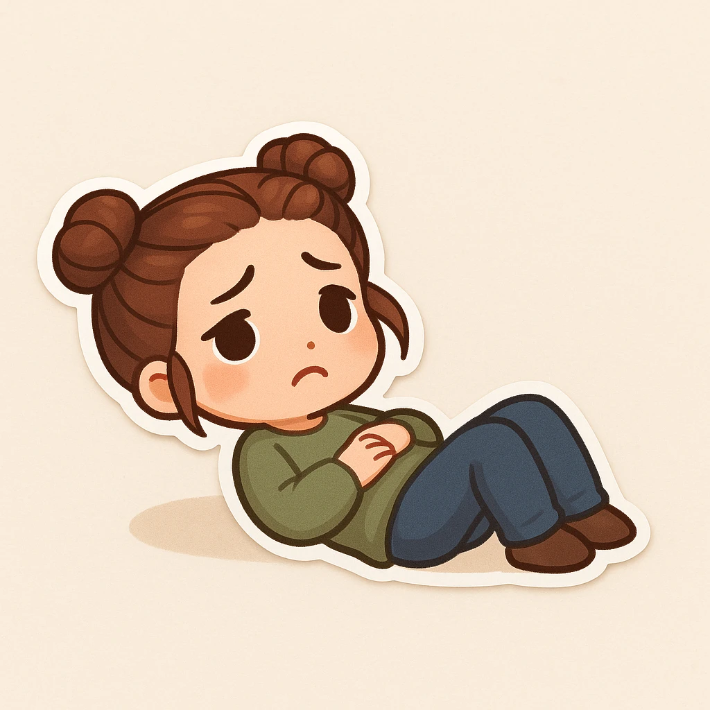 Create a chibi sticker of the girl from the reference image. She is lying on her back on the ground, looking sad, with a 'not alone' vibe, with her signature double bun hairstyle. emoji
