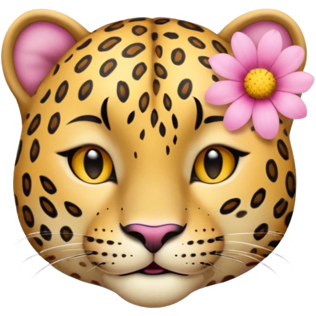 A leopard with eyes closed and a peaceful smile. A pink flower with a yellow center is tucked behind its right ear
 emoji