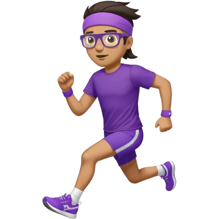 Running man in tight shorts and a purple t-shirt that says 'progressive run', with a headband, dark hair, running glasses, and stylish bright sneakers, emoji style, variation 1 emoji