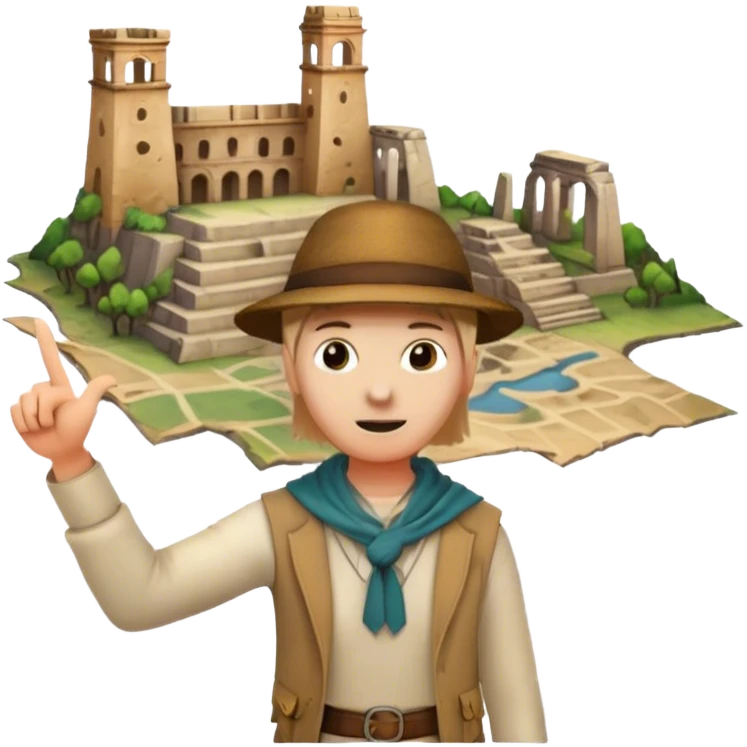 Icon for Documentary Film (TV style): A traveler pointing backward and narrating in front of ancient ruins. Include elements like historical landmarks, maps, and exploration tools to evoke a sense of adventure. Transparent background. emoji