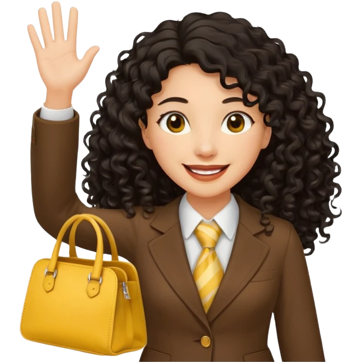 medium deep tan brown business woman with long black curly hair, waving hand with happy face with smile mouth and carrying bag on her shoulder and the other hand holding yellow stanley tumblr emoji