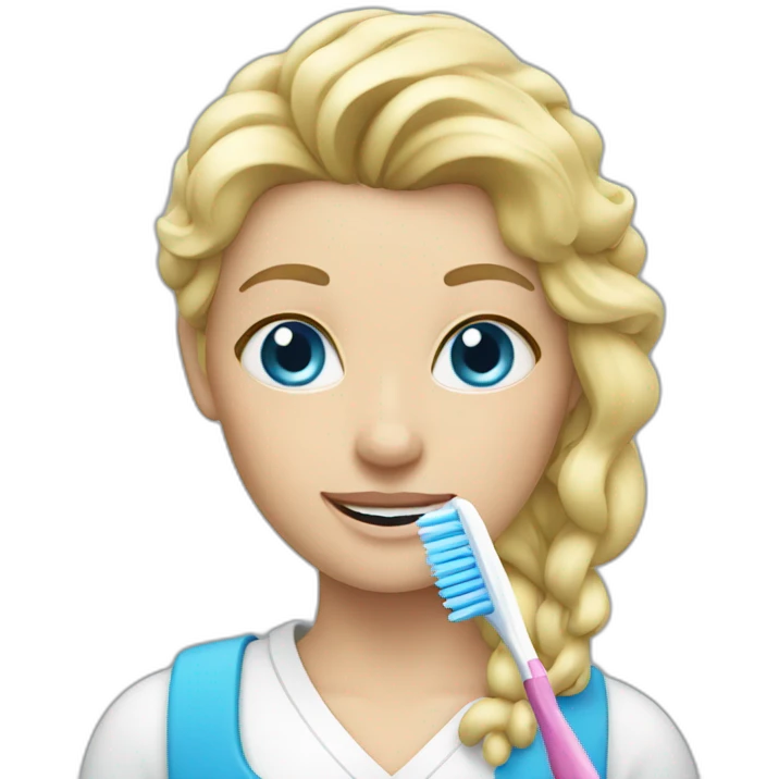 blonde lady with blue eyes and a toothbrush emoji