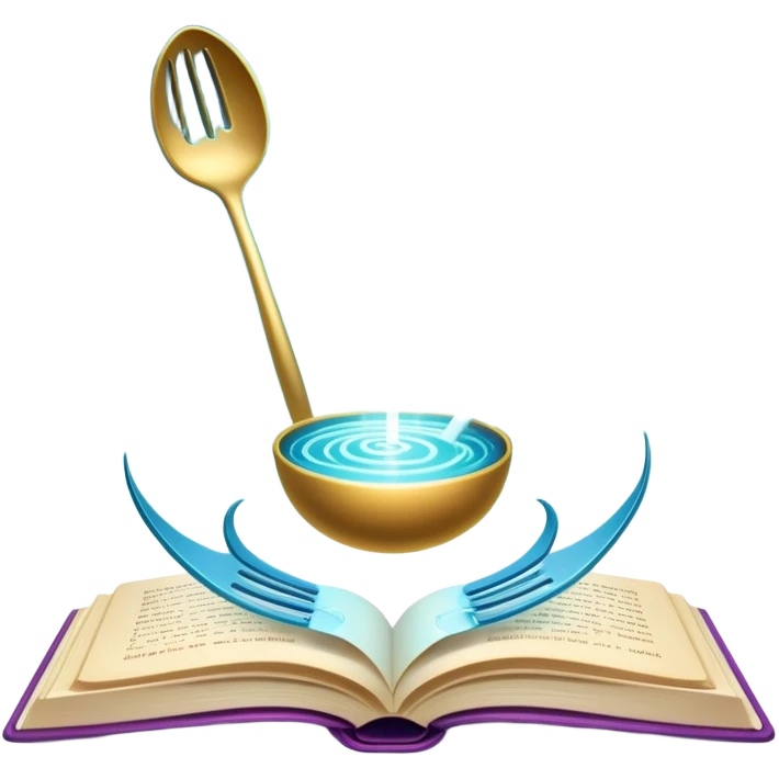 Ethereal floating cookbook with luminous aura, mystic fork and spoon symbol on cover radiating with magical energy, recipe collection emoji