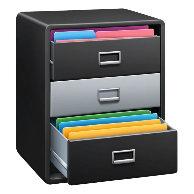 black filing cabinet with open bottom drawer with colorful folders emoji