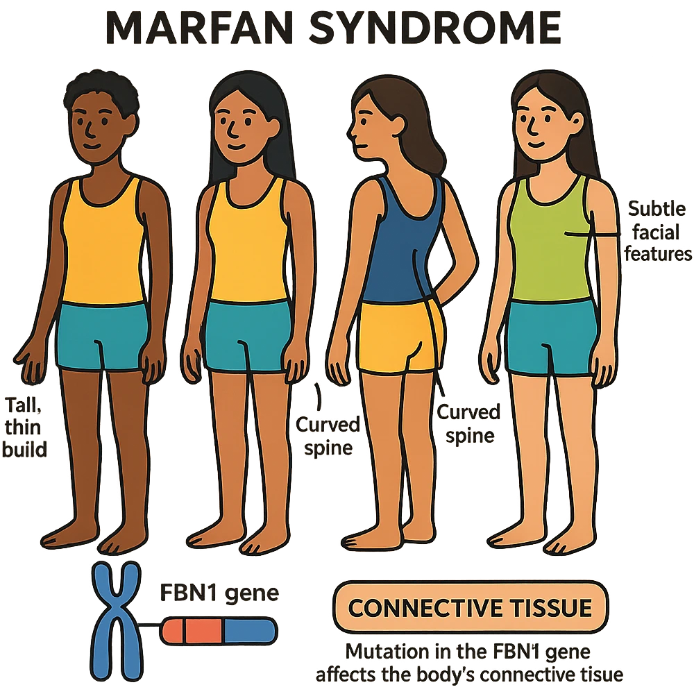 Create a clean, professional scientific poster style educational graphic highlighting Marfan syndrome in a diverse group of women (Black, Asian, Latina, Middle Eastern). Show tall, thin female figures with long limbs and fingers, curved spine, chest deformity, and subtle facial features, with precise anatomical labels. Include a section illustrating the genetic basis of Marfan syndrome with a labeled diagram of the FBN1 gene and its role in connective tissue, plus a brief explanatory caption. Maintain a clean, professional layout suitable for a scientific poster. emoji
