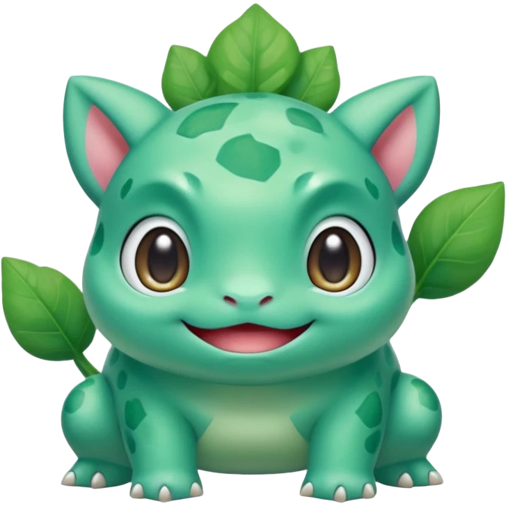 cute Bulbasaur Pokémon with soft rounded expressive face, vibrant green and teal tones, playful cheerful expression emoji