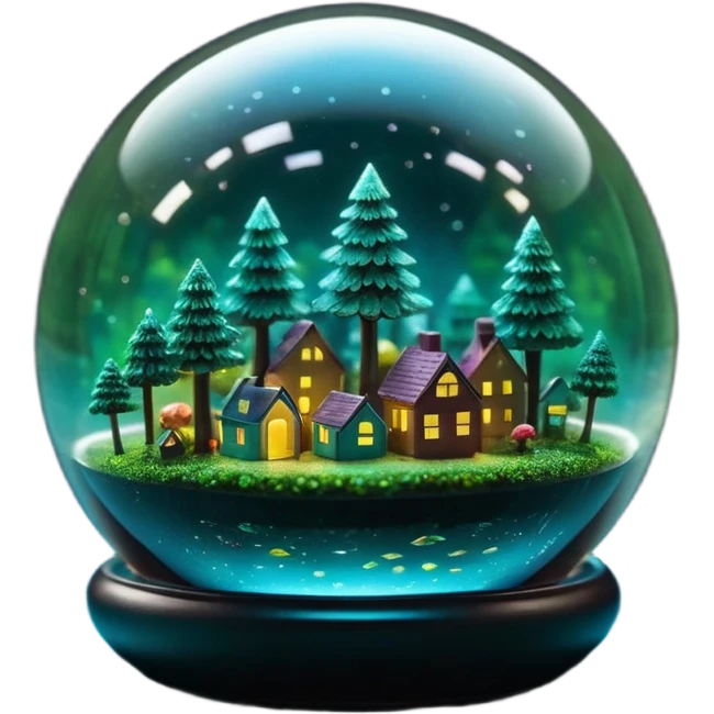 Tiny emoji worlds inside floating glass spheres, each containing miniature forests, oceans, and cities, glowing softly in dark void, cinematic macro lens perspective, high-detail reflections, iridescent color palette, surreal fantasy vibe emoji