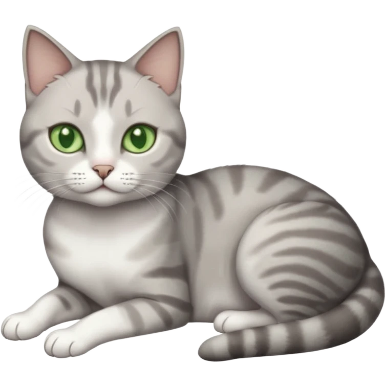 full body tiny short hair grey and white cat with white front legs and green  eyes lying down emoji