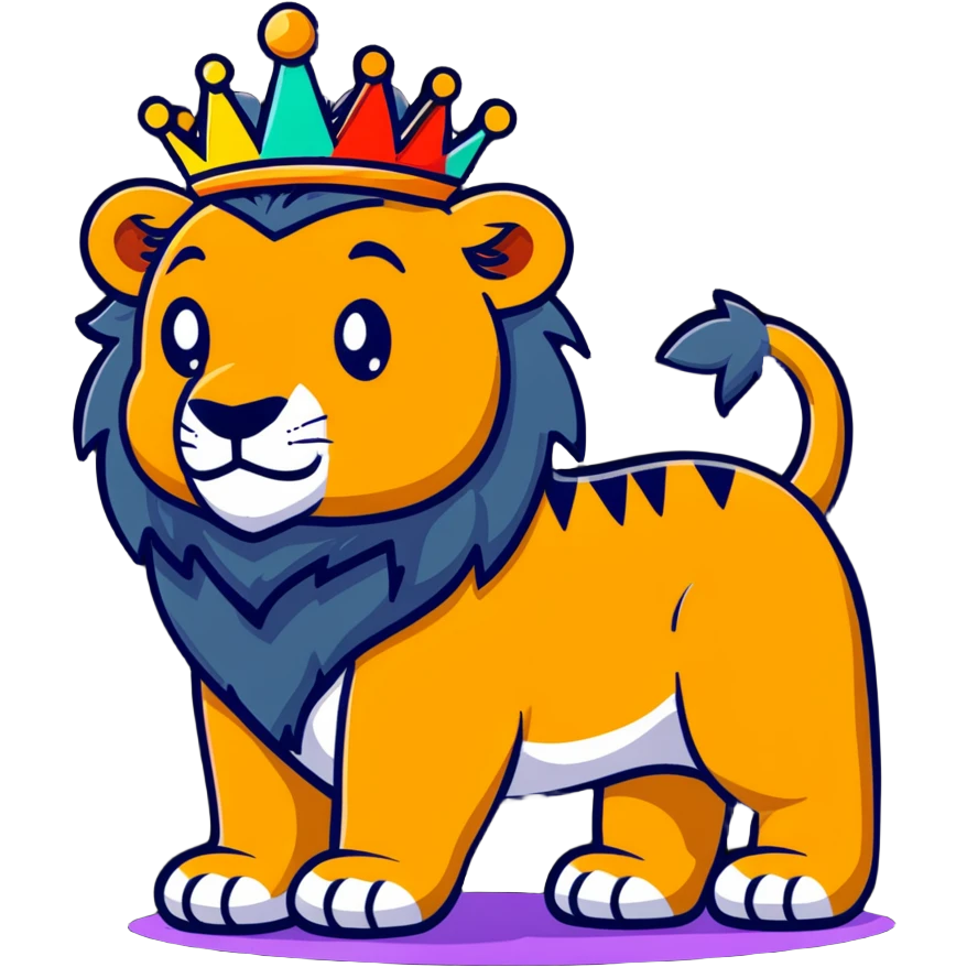 A majestic lion king with a crown facing a colorful dinosaur emoji