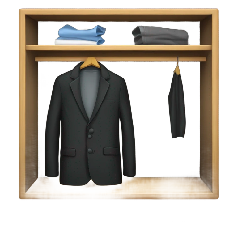 Design an emoji-style icon of an open wardrobe with clothes hanging inside. Include details like a wooden frame, hangers, and black different clothing items such as shirts or any other clothing . Use a clean and minimalistic design. emoji