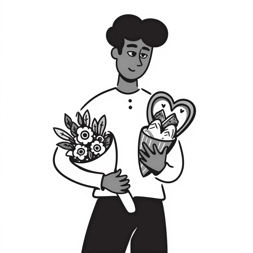 black man looking sad holding flowers and candy emoji