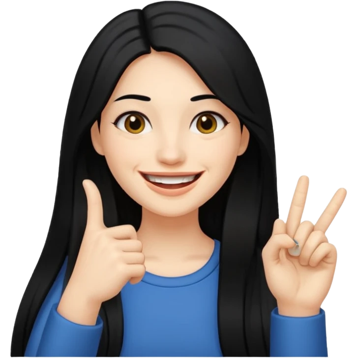 Haz una imagen de una mujer con cabello negro largo , con una sonrisa en su cara y la punta de su dedo indice entre sus dientes emoji