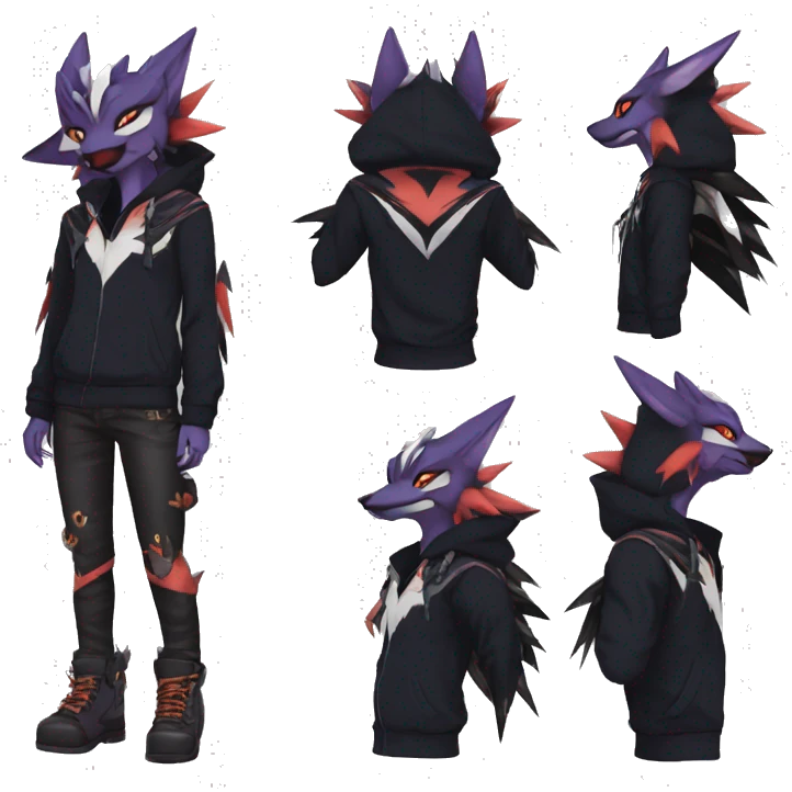 Cool Anthro Black Noivern-Absol-Litten-Pokémon with edgy stripes hoodie spiked collar punk Full Body emoji