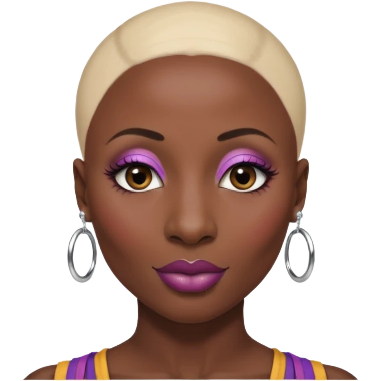Grown black (proud) woman, bald with a perfect head, a prominent nose with a septum piercing, many piercings on her ears, a gap between her front teeth and very long nails (cynthia erivo) a proud lesbian, with long lashes and glam makeup emoji