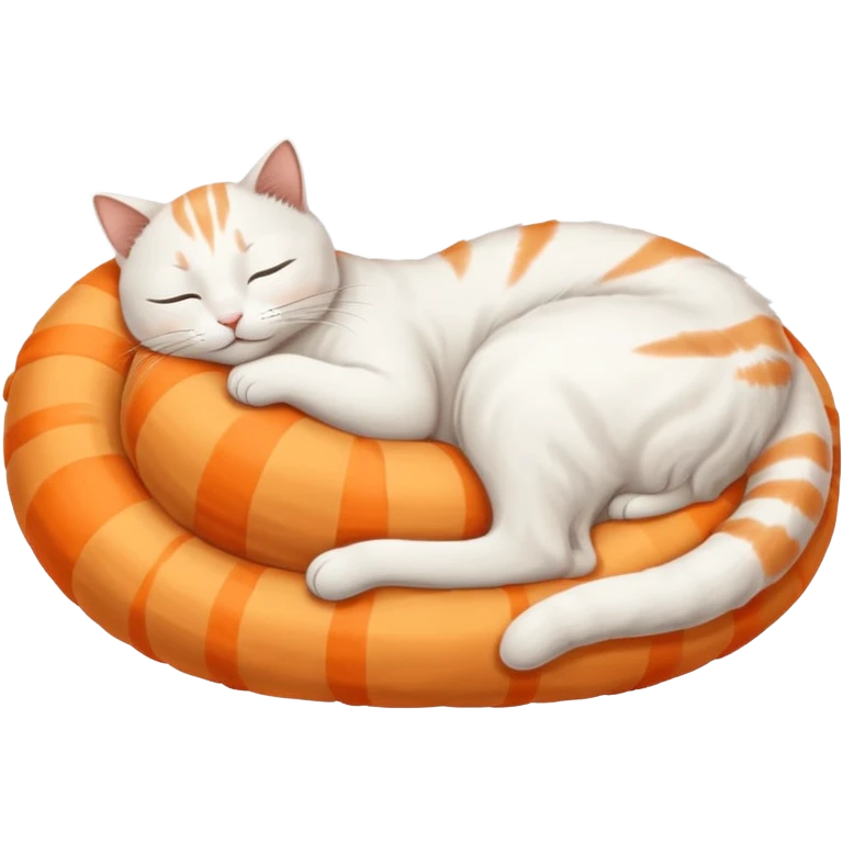 A white cat, curled up and asleep. Its fur has very faint orange stripes on the back and tail. emoji