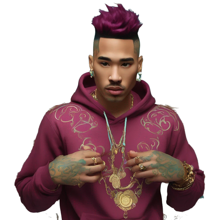 Vintage patina intricate swirls gold jewellery baroque golden raven tropical Deep pink maroon burgundy cyan dark hoodie man vitiligo dyed hair gold piercings nose piercing ear piercings emoji