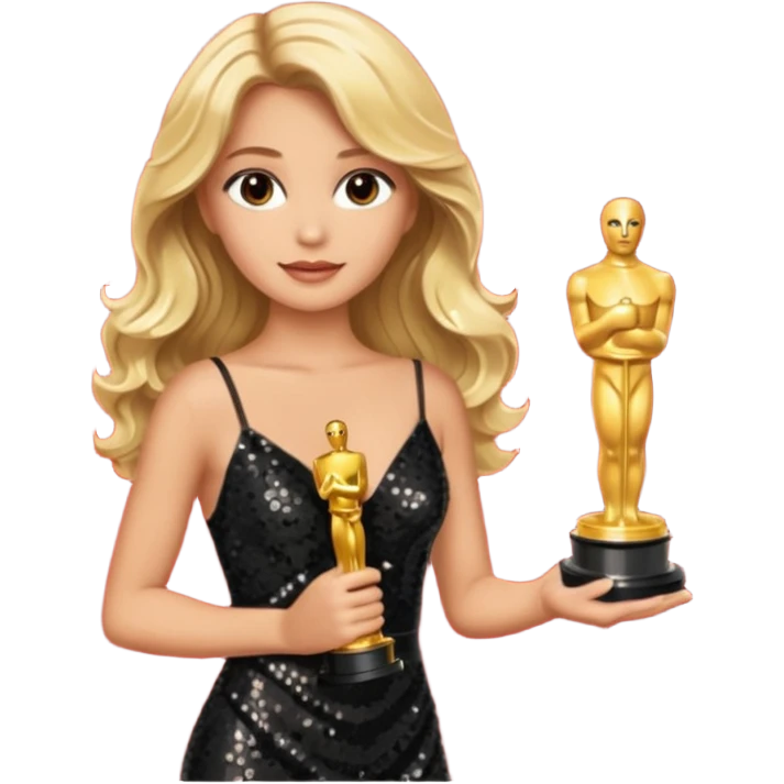 blonde model, brown eyes, long wavy hair, oscars red carpet, black sequin, holding oscar emoji