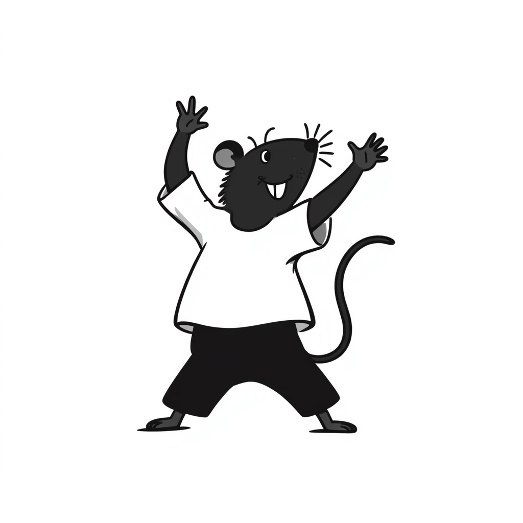 Hand-drawn rat doing an enthusiastic dance move with arms raised emoji