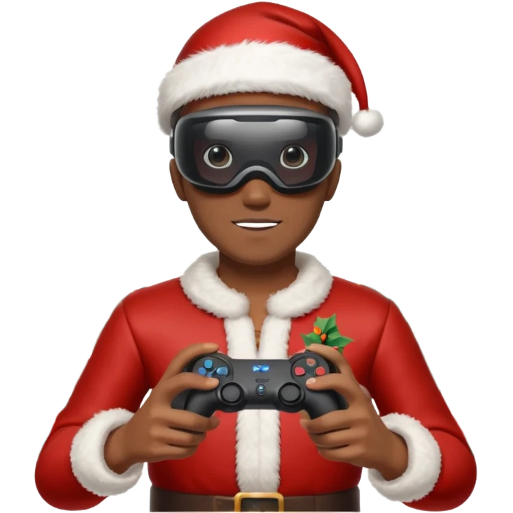 Homme photographe noir, week-end détente, équipé d’un appareil photo pro. Dans un décor Noël chaleureux, Père Noël à côté, sapin illuminé, lumières douces. L’homme porte un casque VR autour du cou ou sur la tête, et une manette PS 2025 dans la main libre. Ambiance festive, réaliste, couleurs nettes emoji