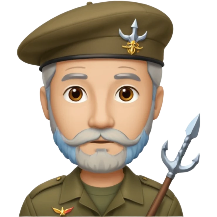 A man in military khaki beret with trident on cockarde with grey beard and brown eyes. emoji