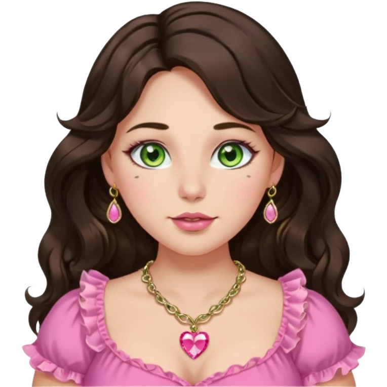 Girl girl with long wavy dark brown hair with middle part, green gold eyes, plus size, pink frilly top, right nostril gold nose ring, small pink heart crystal necklace  emoji