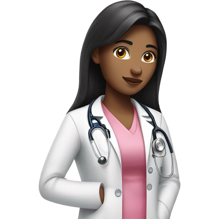 Long black hair female doctor in pink undershirt white coat over pink stethoscope  emoji