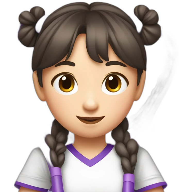 a little chinese girl wearing a white nike shirt with two pig tails hair style hugging a purple tennis racket to her chest in paper art style emoji