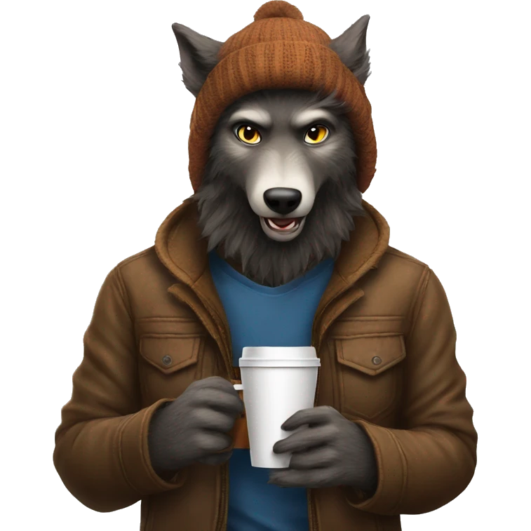 nice werewolf with a beanie drinking a coffee to go  emoji