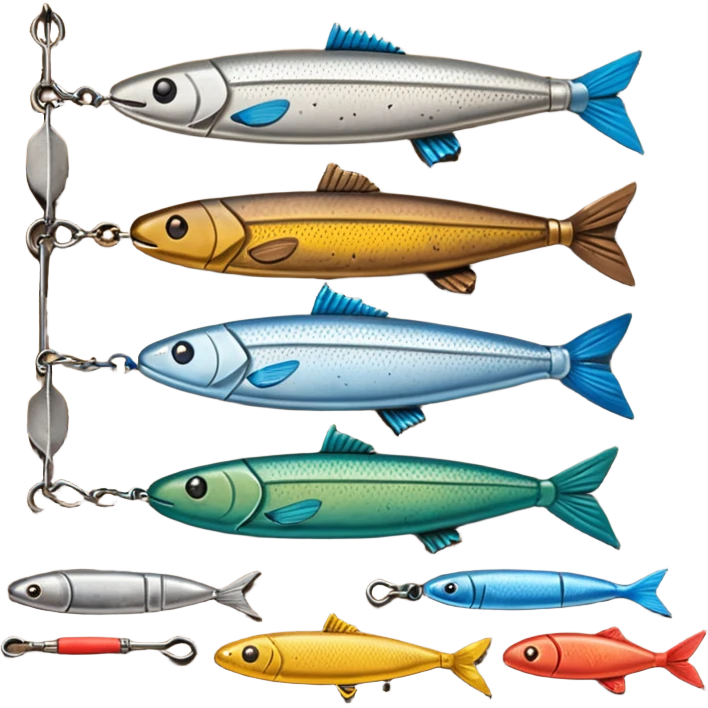 A metal lure set arranged on a wooden plank emoji