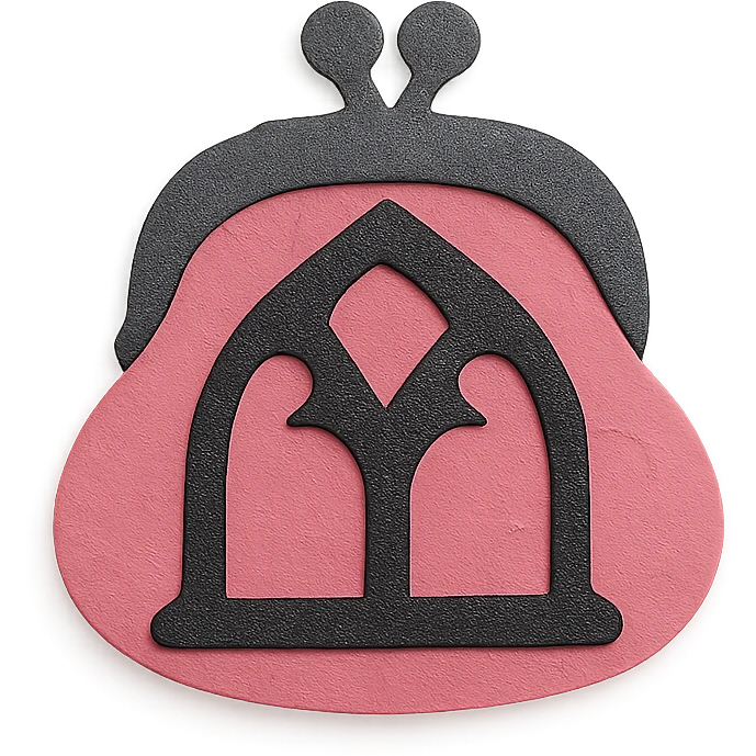 pink and black gothic coin purse, layered paper textures, handmade look, soft shadows emoji