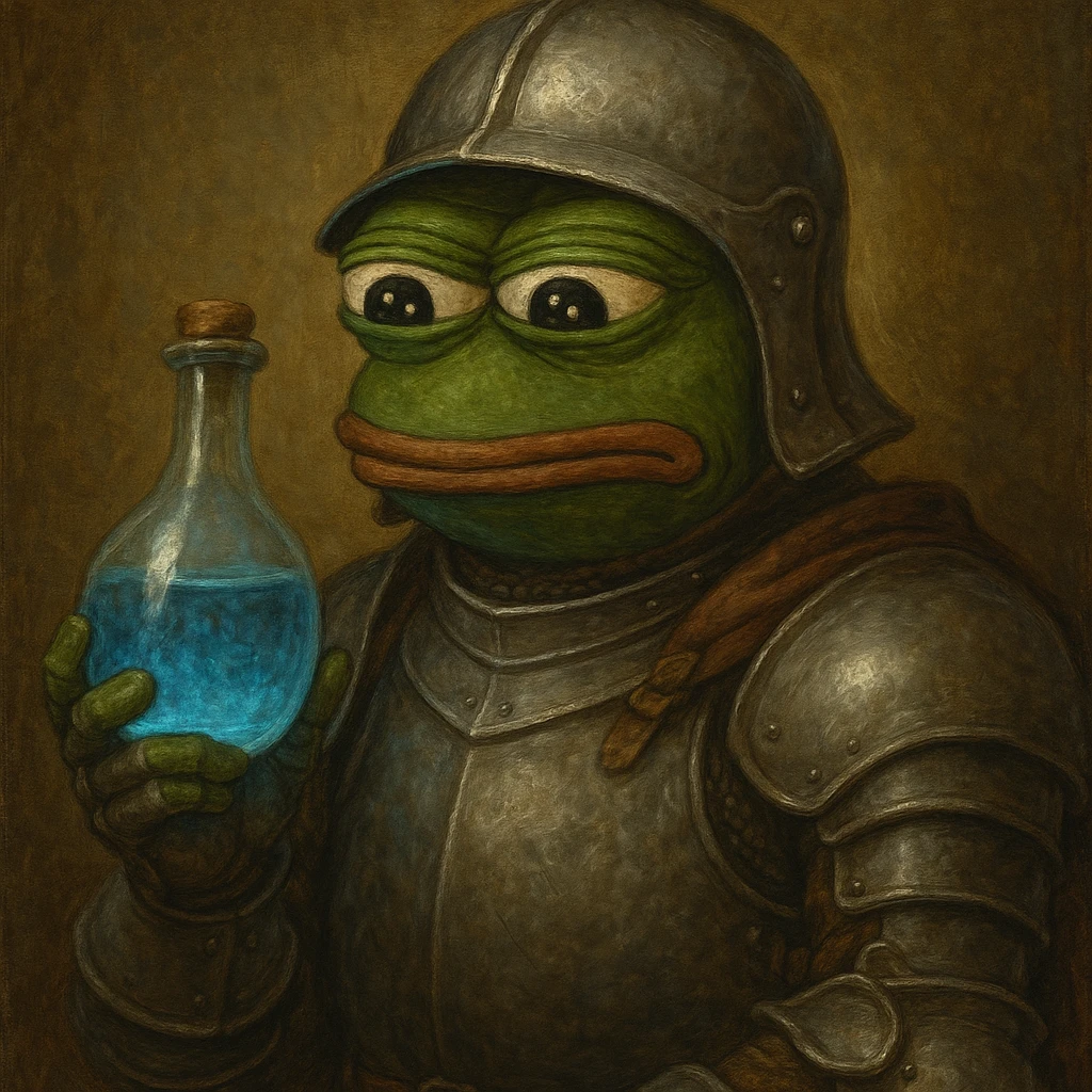 Пэпэ in a medieval armor, holding a potion bottle emoji