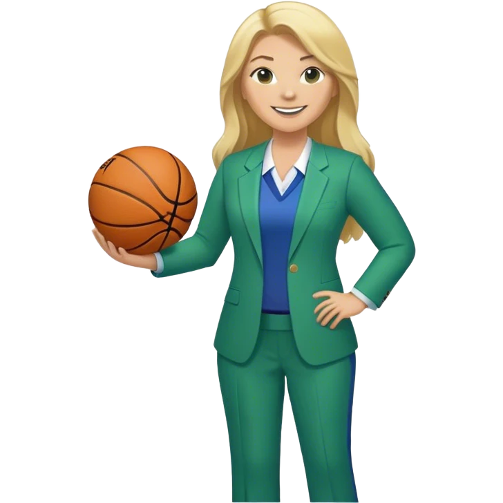 Full Body white plus size female basketball head coach using a clipboard with long blonde hair in a blue and green suit smiling with basketball and clipboard emoji