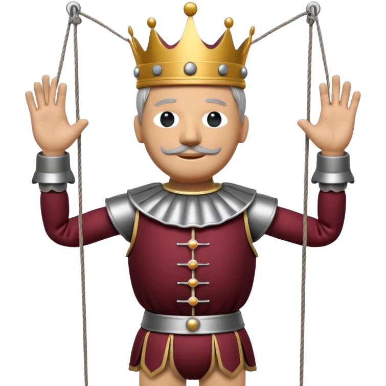 3D render of Puppet King as a wooden marionette puppet, Wooden crown, strings attached to hands, silver metal screw joints at elbows and knees, polished brown wood texture, rigid toy pose, Apple emoji style, isolated on white background --v 6.0. emoji