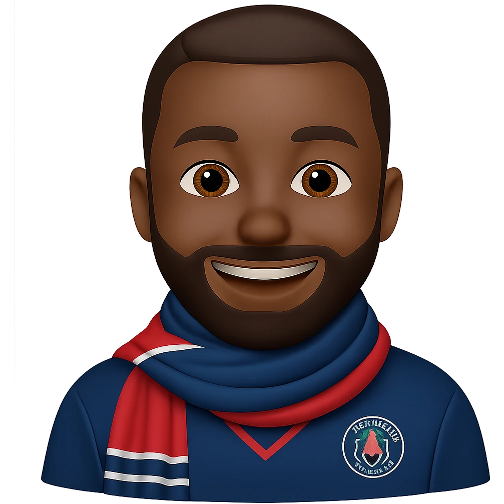 Add a beard to Matuidi with a big smile, wearing a PSG scarf, in emoji style. Remove the background. emoji