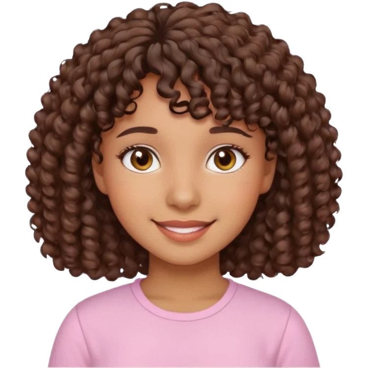 A Latina girl with brown eyes and short curly hair with curly bangs with a light pink shirt emoji