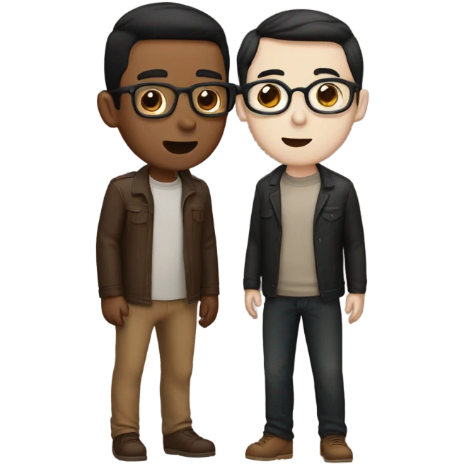Two men kissing, one white skin with black hair, one brown with glasses emoji