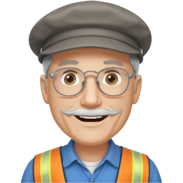 Older cute white male, grey goatee, grey Irish flat cap, smiling,handyman, blue eyes wire rim glasses, goatee emoji