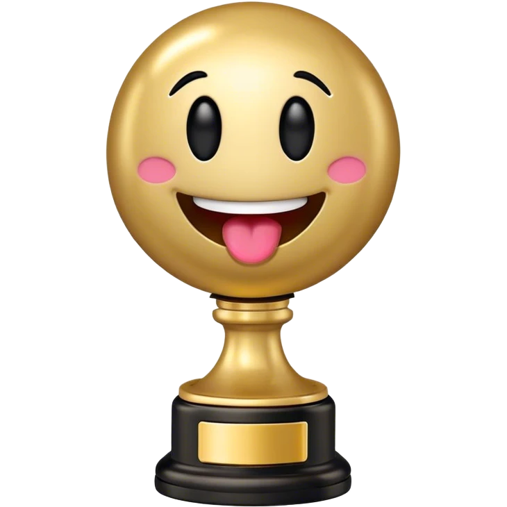 oscar statuette with a black base and a smiling round emoji face for the head with its tongue sticking out emoji