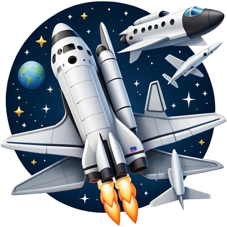 An icon featuring a space shuttle, a drone, and an airplane against a starry sky, symbolizing aerospace technology. The design includes rocket boosters and satellite orbits, representing the exploration of space and advanced aviation. Transparent background emoji