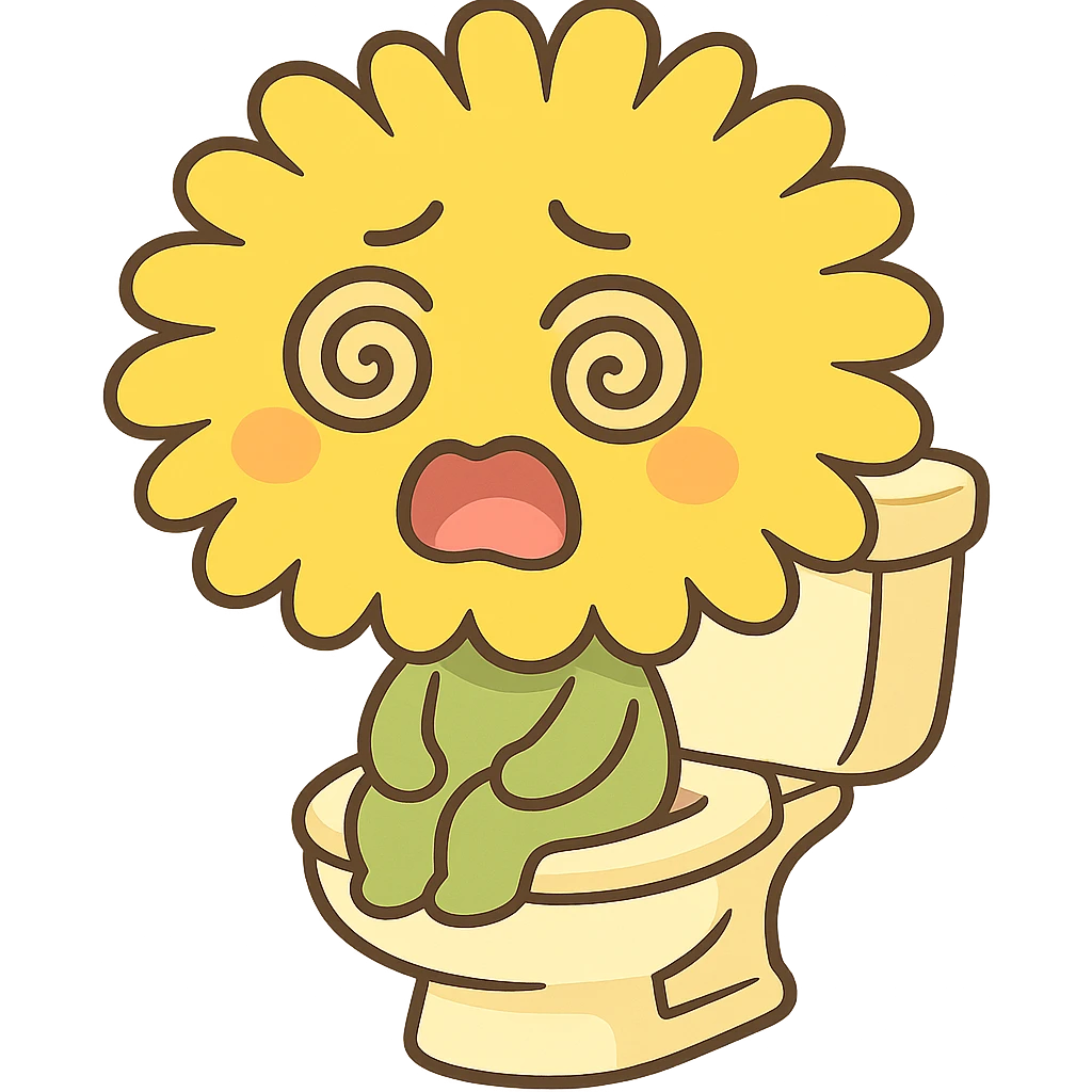 lemon yellow dandelion flower with a shocked face, sitting on a toilet with swirls in the eyes, soft colors, chibi expression emoji