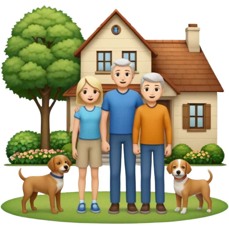 1 Father 1 Mother and 1 young boy who is half as tall as the parents, standing in front of their house with a dog next to them. Everyone should look VERY happy. There MUST be a house behind them with trees and plants emoji
