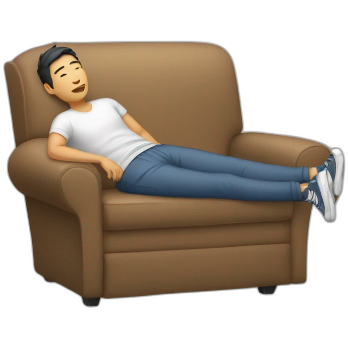 an asian man in sweatpants lying on a coach emoji