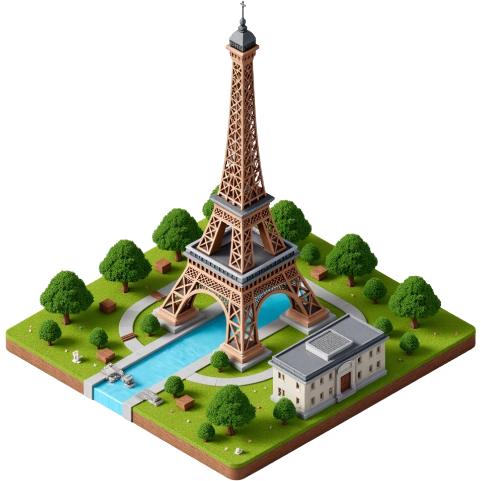 Isometric illustration of Paris, featuring the photorealistic Eiffel Tower surrounded by small Parisian buildings and trees, highly detailed in semi-realistic style emoji