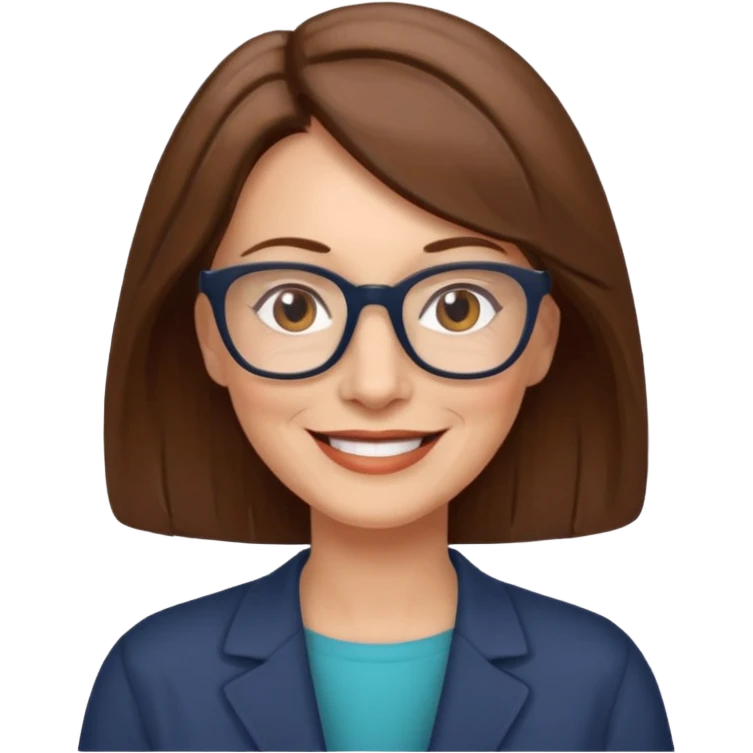 emoji of a woman in her 50s, shoulder-length brown hair, wearing glasses, friendly smile emoji