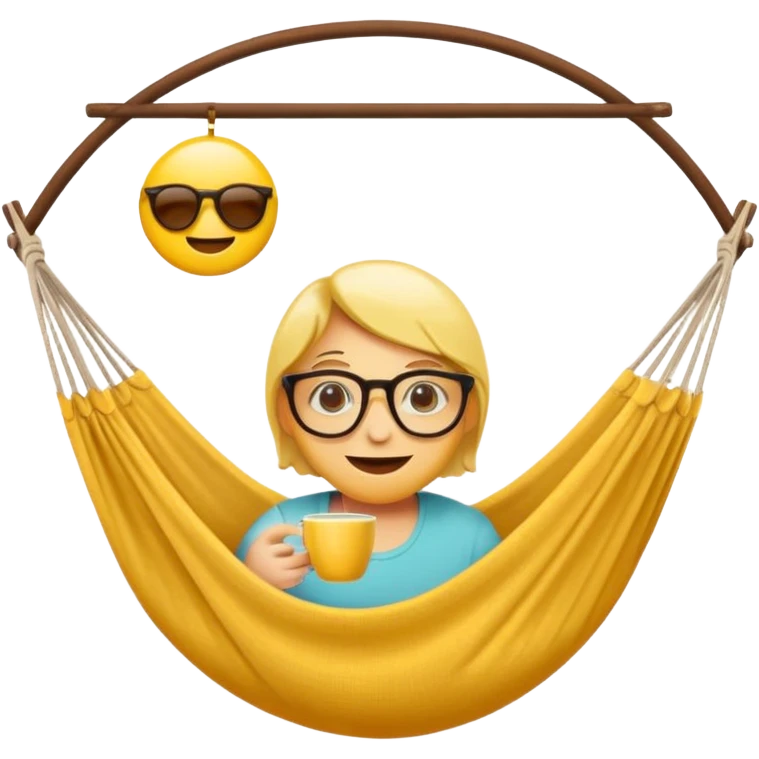 Créer un emoji stylisé et coloré représentant le week-end, joyeux et relaxant. L’emoji doit être rond, lumineux, avec un visage souriant ou des lunettes de soleil. Ajouter des éléments évoquant le repos ou le plaisir : café, hamac, soleil, musique, détente.  emoji