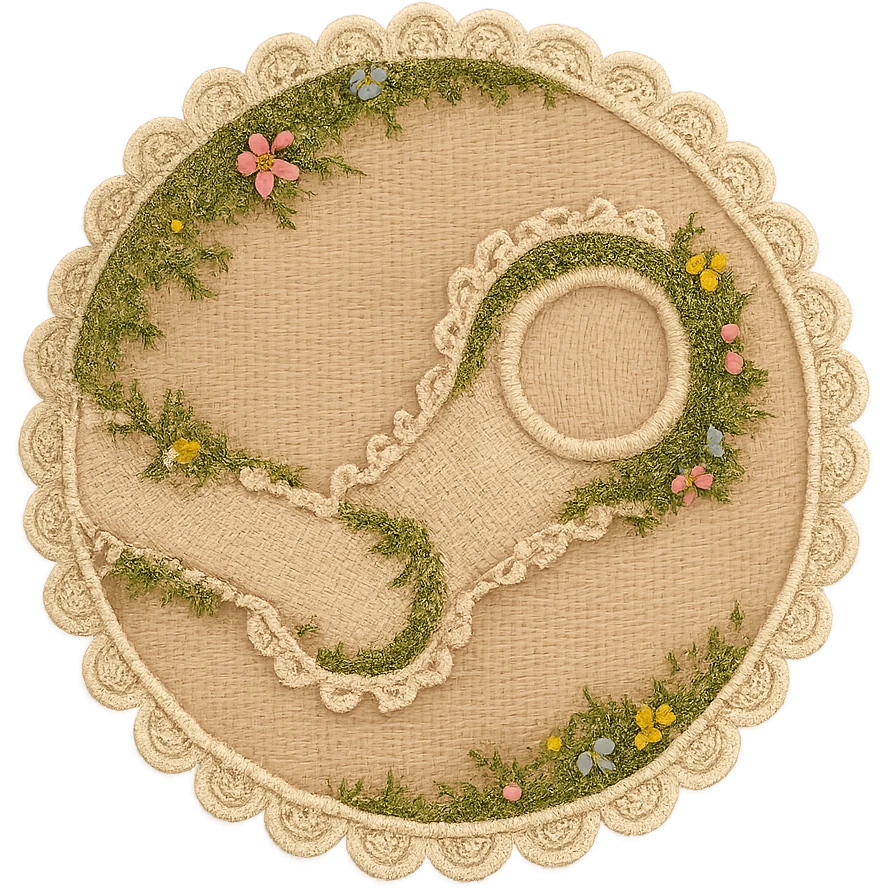 Cottagecore Steam logo: iconic circle and arm design crafted from embroidered fabric with lace trim, moss, and small flowers, gentle pastel palette, rustic and homey, no text emoji