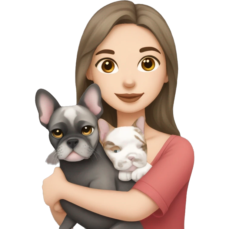 brunette hair girl cuddling a black and white frenchbulldog and a lynx point tabby cat emoji